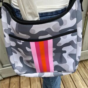 Haute Shore Gray Camo Neoprene Tote with Pink & Orange Stripe